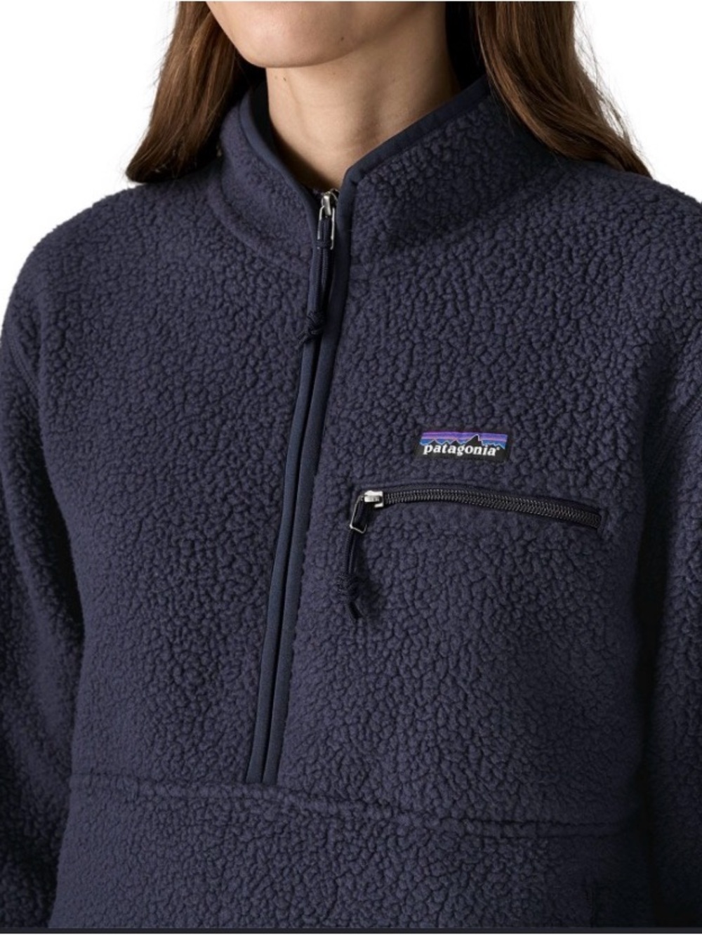 Patagonia Women's Retro Pile Fleece Marsupial Pullover sweater Navy Blue Large